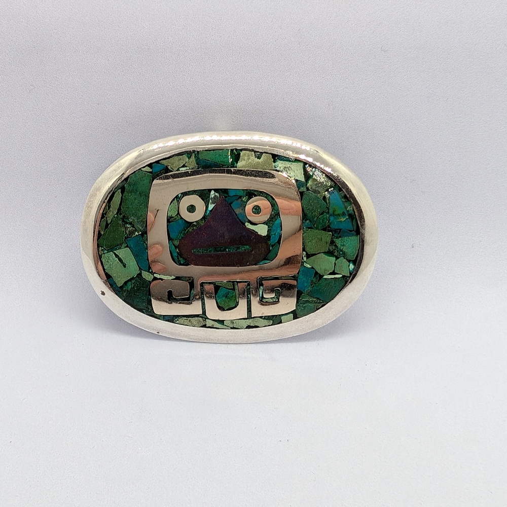 Vintage Taxco Mexico Green Turquoise Inlay And Silver Brooch And Pendant